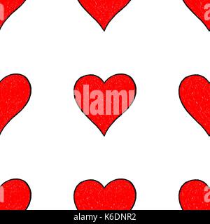Use it in all your designs. Sketch drawing seamless pattern with red heart sign with contour. Quick and easy recolorable shape. Vector illustration a  Stock Vector