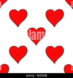 Use it in all your designs. Sketch drawing seamless pattern with red heart sign with contour. Quick and easy recolorable shape. Vector illustration a  Stock Vector