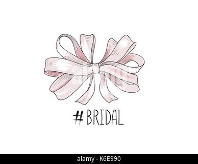 Bow drawn. Wed sign. Gentle cream pink bow ribbon isolated with tag Bridal Stock Vector