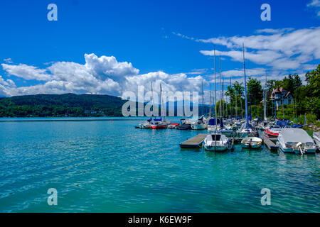 A little harbour with sailing boats at Lake Wörth, Wörthersee, Carinthia's largest lake Stock Photo