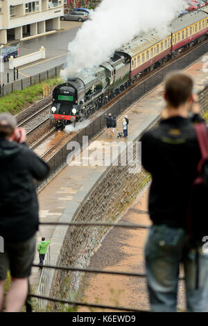 People watching the Torbay Express passing through Dawlish, hauled by Merchant Navy class loco No 35028 Clan Line. Stock Photo