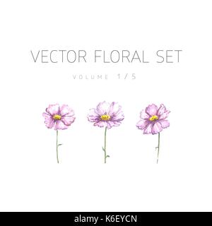 Bright watercolor set of vector flowers with leaf  Stock Vector