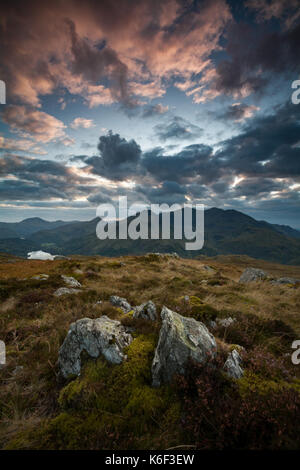 The Snowdon horseshoe with Llyn Gwynant at sunset, in Snowdonia National Park, Wales, UK. Stock Photo