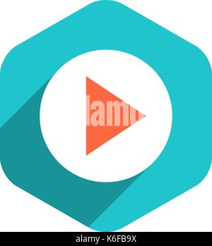 Use it in all your designs. Arrow sign play icon in hexagon shape. Multimedia audio video movie interface button in flat long shadow style. Recolorabl Stock Vector