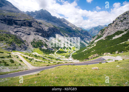 Italy, Stelvio National Park. Famous road to Stelvio Pass in Ortler Alps. Alpine landscape. Stock Photo
