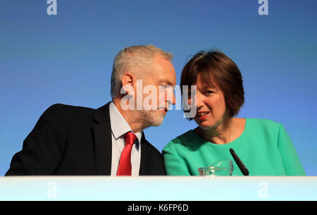 Labour leader Jeremy Corbyn with Frances O'Grady, General Secretary of the British Trades Union Congress, before speaking at the TUC conference at the Brighton Centre in Brighton. Stock Photo