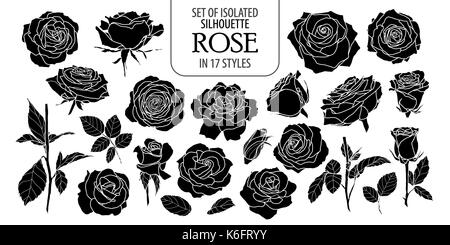 Set of isolated rose in 17 styles. Cute flower illustration in hand drawn style. Presented in silhouette on white background. Stock Vector