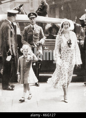 Princess Elizabeth of York seen here in 1931 aged 5, arriving at the Royal Tournament with her parents the Duke and Duchess of York.  Princess Elizabeth of York, future Elizabeth II,1926 - 2022.  Prince Albert, Duke of York, future George VI, 1895 – 1952.  Duchess of York, future Queen Elizabeth, Queen Mother.  Elizabeth Angela Marguerite Bowes-Lyon, 1900 – 2002.  Wife of King George VI and mother of Queen Elizabeth II.  From The Coronation Book of King George VI and Queen Elizabeth, published 1937. Stock Photo