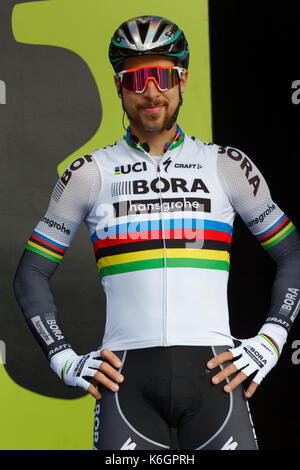 Montreal, Canada. 10/09/2017. Peter Sagan of Slovakia, rider for UCI World Team Bora-Hansgrohe poses for photographers at the Grand Prix Cycliste race Stock Photo