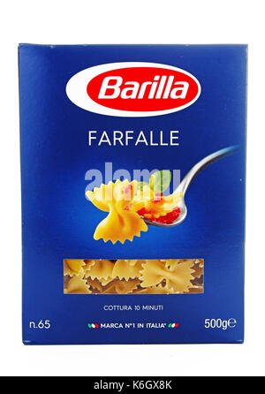 Barilla pasta farfalle on isolated white studio background. Stock Photo