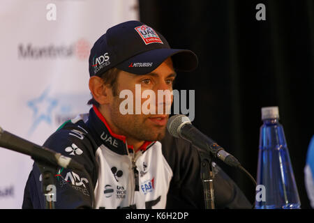 Montreal, Canada. 10/09/2017. Diego Ulissi of UAE Team Emirates, winner of the Grand Prix Cycliste of Montreal at the post race news conference. Stock Photo