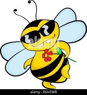 A flirting bee in sunglasses holding a flower, a cartoon illustration. Stock Vector