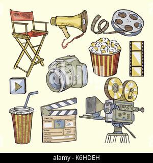 Set of colored objects on the theme of cinema Stock Vector