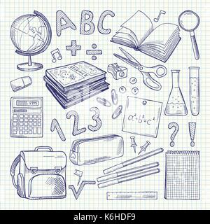 Freehand drawing school items on a sheet of exercise book Stock Vector
