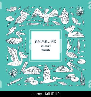 Birds pelicans and fish background Stock Vector