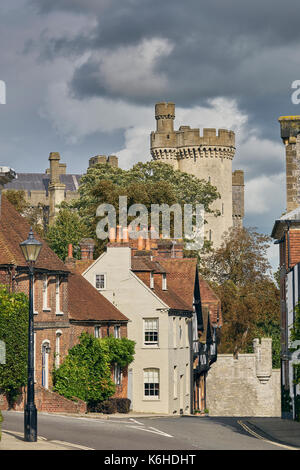 A Street View of the Historic Town of Arundel West Sussex with Castle Turret - Portrait format Stock Photo