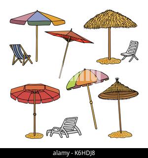 Hand drawn vector illustration of beach umbrellas, isolated on white background. Sketch. Stock Vector