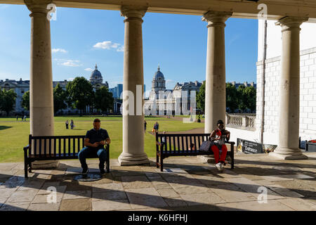 People enjoy sunny weather in the historic Queen's House in Greenwich, London, England, United Kingdom, UK Stock Photo