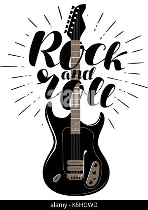 Rock and Roll, music concept. Guitar typographic design. Lettering vector illustration Stock Vector