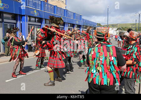 Foxs Morris dancers, Shore Road, Swanage Folk Festival 2017, Isle of Purbeck, Dorset, England, Great Britain, United Kingdom, UK, Europe Stock Photo