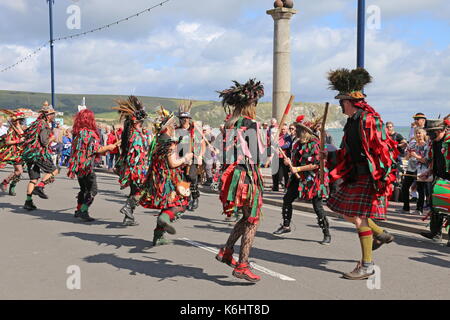 Foxs Morris dancers, Shore Road, Swanage Folk Festival 2017, Isle of Purbeck, Dorset, England, Great Britain, United Kingdom, UK, Europe Stock Photo