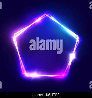 Abstract Neon Pentagon Electric Frame On Transparent Background. Night Club  Sign. 3d Retro Light Signboard With Neon Effect Techno Frame On Dark Blue  Backdrop Colorful Vector Illustration In 80s Style Stock Vector