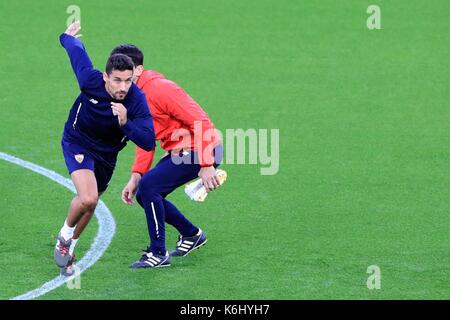 Sevilla's Jesus Navas during the training session at Anfield, Liverpool. Stock Photo