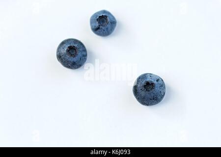 Three blueberries strategically placed for visual balance on a pure white background Stock Photo