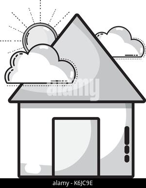 grayscale house with clouds and sun natural weather Stock Vector