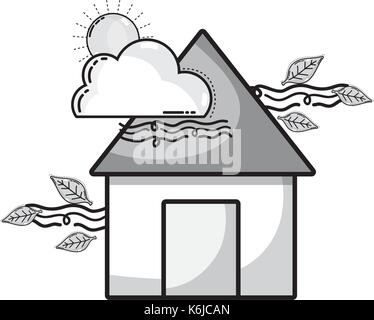 grayscale house with cloud and sun natural weather Stock Vector