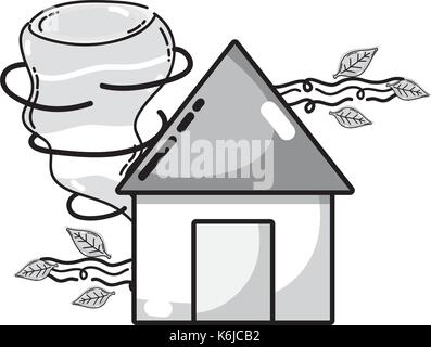 grayscale house with twister and wind leaves natural weather Stock Vector