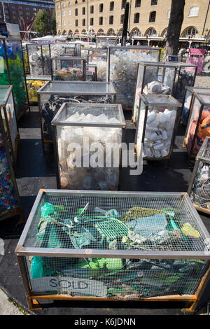 Plastic Footprints In The Thames, plastic litter polluting the Capital’s river Stock Photo