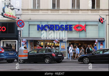 VIENNA, AUSTRIA - JULY 10, 2015; Nordsee is famous German fast-food restaurant chain specialising in seafood in Vienna, Austria - July 10, 2015: Touri Stock Photo