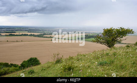 Rain clouds roll over the fields of wheat and pastures in the agricultural plains of Aylesbury Vale, drenching Buckinghamshire villages, viewed from B Stock Photo