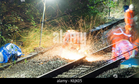 London, England, UK - August 20, 2016: Night time maintenance works on the West Coast Main Line in north west London. Stock Photo