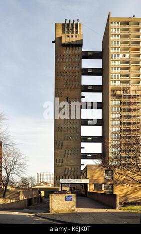London, England, UK - December 12, 2011: Sun shines on the brutalist facade of Erno Goldfinger's Balfron Tower, part of the Poplar council housing est Stock Photo