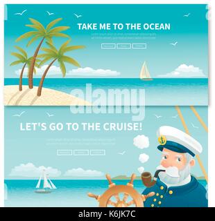 Set of two ocean  travel posters.  All objects are conveniently grouped and located on separate layers. Images  cropped with Clipping Mask, so you can Stock Vector