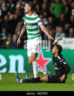 Paris Saint-Germain's Junior Neymar and Celtic's Mikael Lustig during the UEFA Champions League, Group B match at Celtic Park, Glasgow. Stock Photo