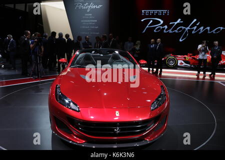 Frankfurt, Germany. 12th Sep, 2017. The Ferrari Portofino is presented at the press conference. Italian sports car manufacturer Ferrari presented the new Ferrari Portofino at a press conference of the 2017 Internationale Automobil-Ausstellung (IAA) in Frankfurt. Credit: Michael Debets/Pacific Press/Alamy Live News Stock Photo