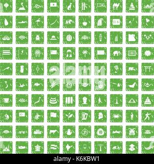 100 Asia icons set grunge green Stock Vector