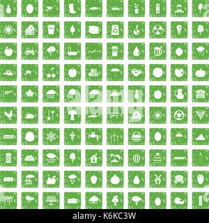 100 fruit icons set grunge green Stock Vector