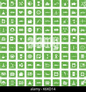 100 gas station icons set grunge green Stock Vector