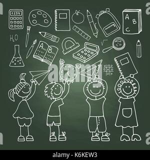 Shool icons on the green blackboard Stock Vector