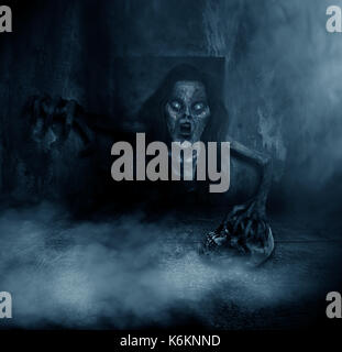 3d illustration of scary ghost woman coming out from the hole of grunge wall,Horror background,mixed media Stock Photo