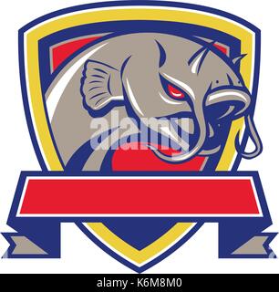 Retro style illustration of a Devil Catfish Head also known as Bagarius yarrelli or goonch set inside crest Shield on isolated background. Stock Vector