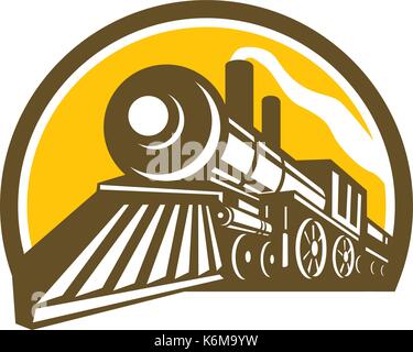 Icon style illustration of a Steam Locomotive railway Train viewed from a low angle set inside Circle on isolated background. Stock Vector