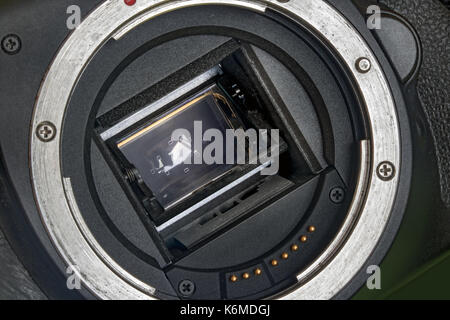 Digital Camera APS-C Sensor and lens mount close-up. Camera sensor CCD or Cmos closeup. Digital mirrorless camera APS-C CMOS sensor and lens bayonet. Stock Photo