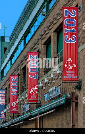 Boston Red Sox World Series Champions banners proudly displayed outside of Fenway Park in Boston, Massachusetts. Stock Photo