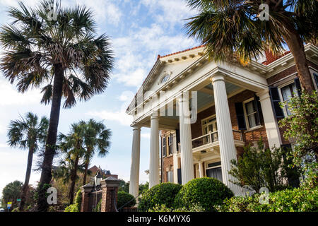 Charleston South Carolina,South Battery,Colonial Greek Revival,architecture,house home houses homes residence,portico,columns,garden,palm tree,histori Stock Photo