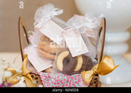 SAO PAULO, BRAZIL - SEPTEMBER 09, 2017: Close picture of candy as a gift for invited people thanking for coming to the party written in portuguese Stock Photo